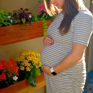 Striped Maternity Bodycon Side Ruch, 3/4 Sleeve Dress - Size Large